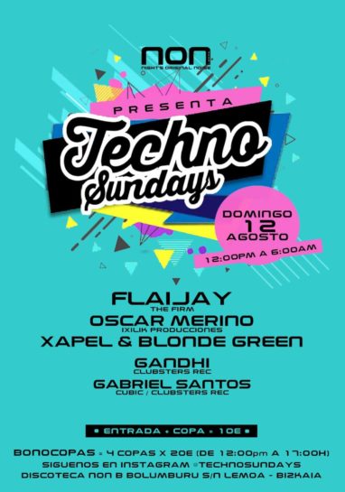 Cartel de la fiesta Techno Sundays @ NON (12 Agosto 2018)